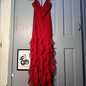 Oh Polly Anley embellished halter neck ruffle maxi dress in red